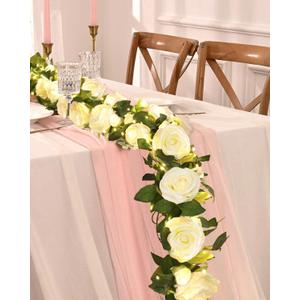 Elyum 2 Pcs Flower Garland with 19.6 Ft Lights, 13.2 Ft White Floral Garland Fake Flowers for Home Wedding Party Wall Garden Room Outdoor Decor, 2 Pack