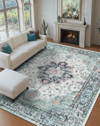 RELEANY Area Rugs 6'x9' Washable Non-Slip, Floral Vintage Distress Print Pattern Medallion Carpet for Living Room Bedroom Dining Room, Green Navy Blue White Red Teal Colorful