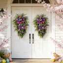 Purple Tulip Spring Wreath for Front Door, 19.69x11.81 Inch Floral Wreath with Hydrangea, Colorful Welcome Wreath for Spring Summer Home Decor