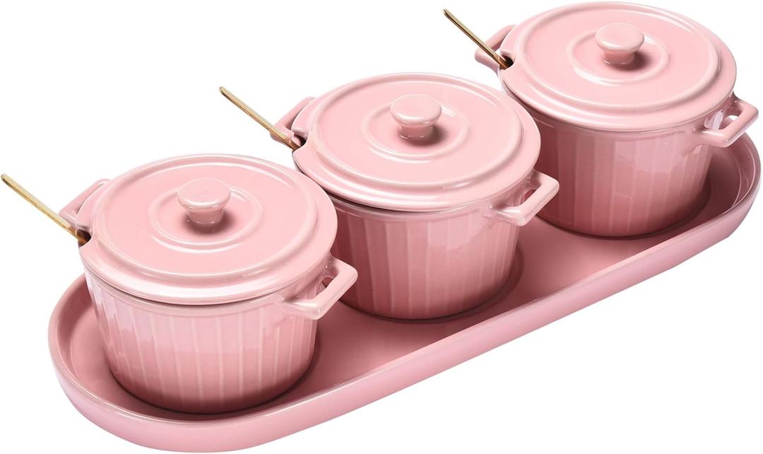 Whole Housewares Mini Cocotte Set with Golden Spoons and Pink Serving Tray - 3 Small Pink Casserole Dishes, 10oz Each with Lids and Handles - Versatile for Baking, Serving, Microwave & Dishwasher Safe