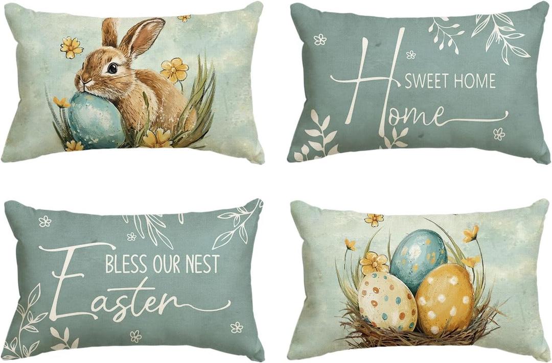 AVOIN colorlife Easter Bless Our Nest Rabbit Easter Eggs Blue Throw Pillow Covers, 12 x 20 Inch Home Sweet Home Eucalyptus Leaves Cushion Case Decoration for Sofa Couch Set of 4