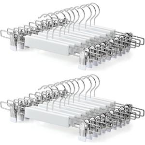 TOPIA HANGER Wooden Pants Skirt Hangers Space Saving 20 Pack, Wide Adjustable Clip Hanger for Pant Skirt Jeans Slacks with Wrinkle Free - CT44W20(White)