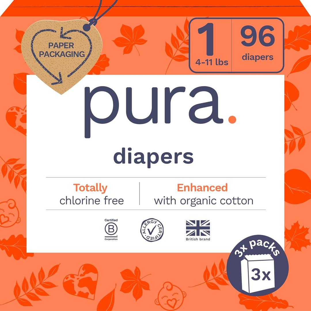 Pura Hypoallergenic Diapers, Size 1 (411lbs), Newborn, Totally Chlorine Free, Wetness Indicator, Suitable for Sensitive Skin, Soft Organic Cotton Comfort, Overnight, 3 Packs of 32 (96 Baby Diapers)