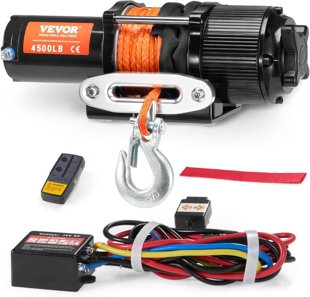 VEVOR 4500 lb Synthetic Rope, 12V DC ATV UTV Winch 1/4 in x 39 ft Aluminum Fairlead Wired Remote Control, IP55 Waterproof for Towing Boat Off Road Recovery, Black