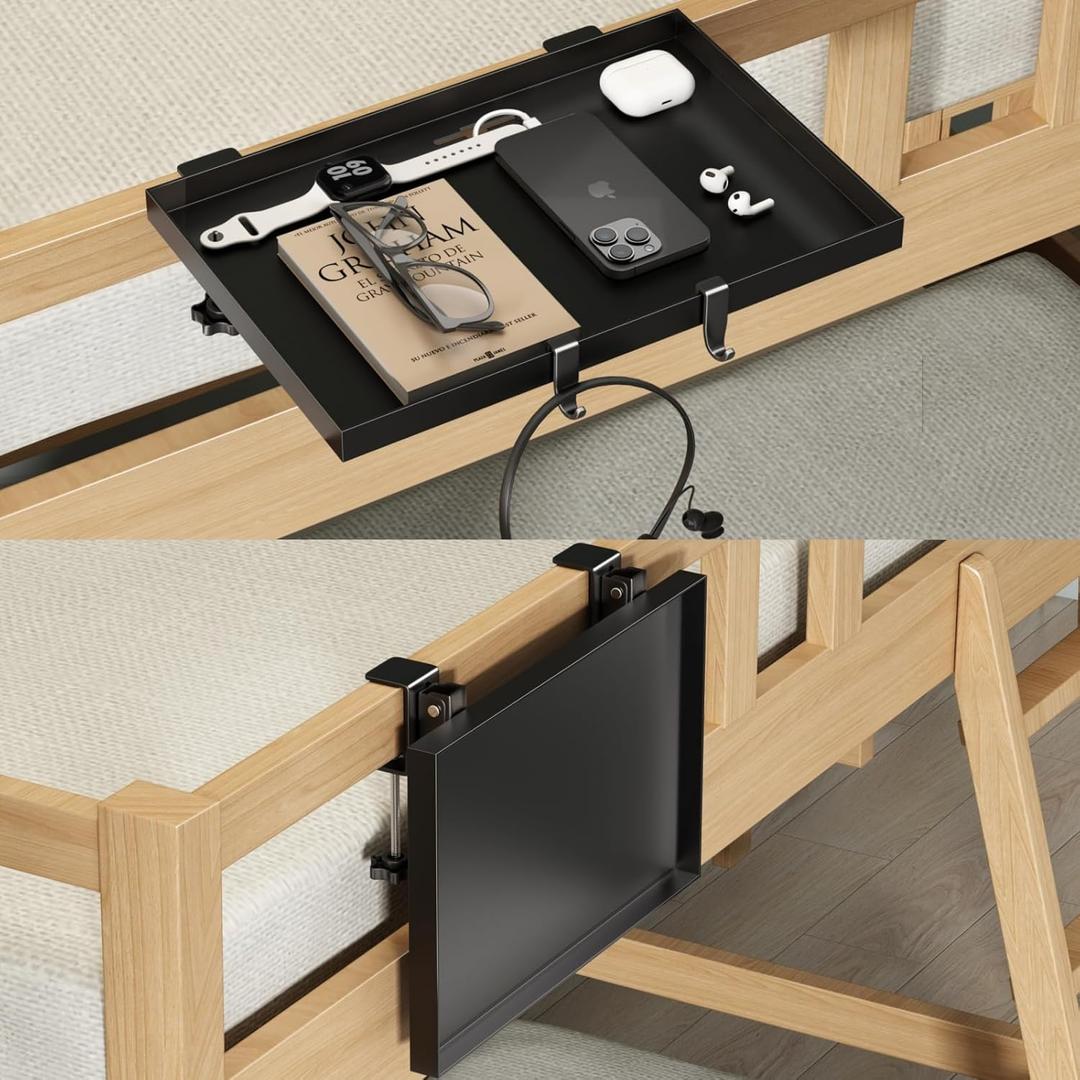 Magheo Bedside Shelf Foldable, Metal Clip-On Bunk Bed Table Shelf for Top Bunk Heavy Duty Bed Side Table Tray for College Dorm Room Essentials, Loft Nightstand Organizer Tray with 1 Cord Hole(Black) (12.6" x 9.28" x 0.79")