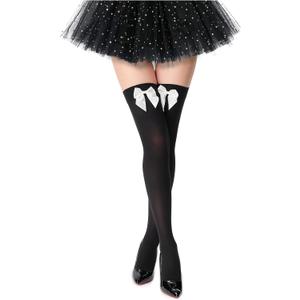 Women's Satin Bows Thigh High Stockings Hold-ups Snag-Resistant Knee High Long Socks (Large, 2-black White)