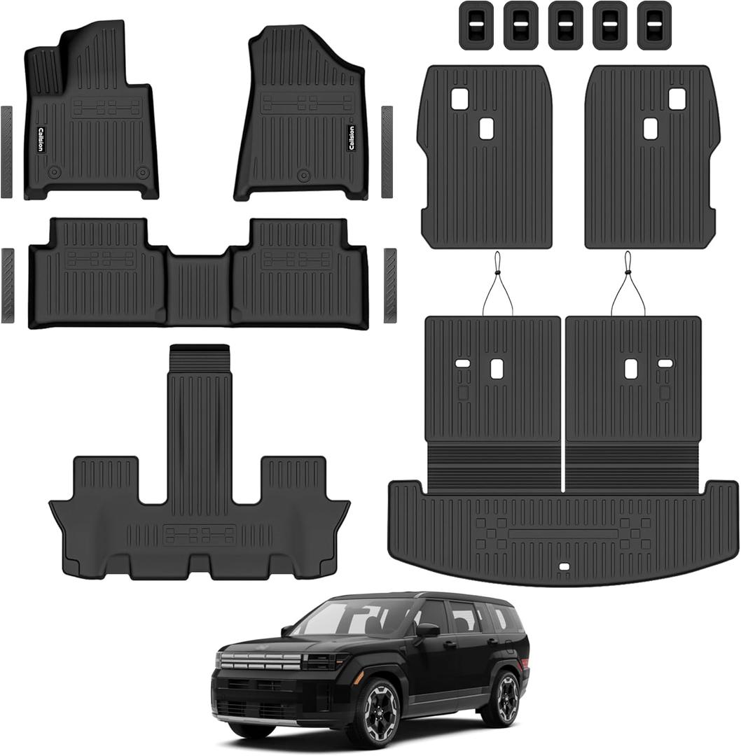 Floor Mat Set for 2024 2025 2026 Hyundai Santa Fe 6-Seats (Fuel) Includ Floor Mats & Trunk Liner & Backrest MatAll-Weather, Stain-Resistant Car Floor Liners, Accessory Custom Fit for Hyundai Santa Fe