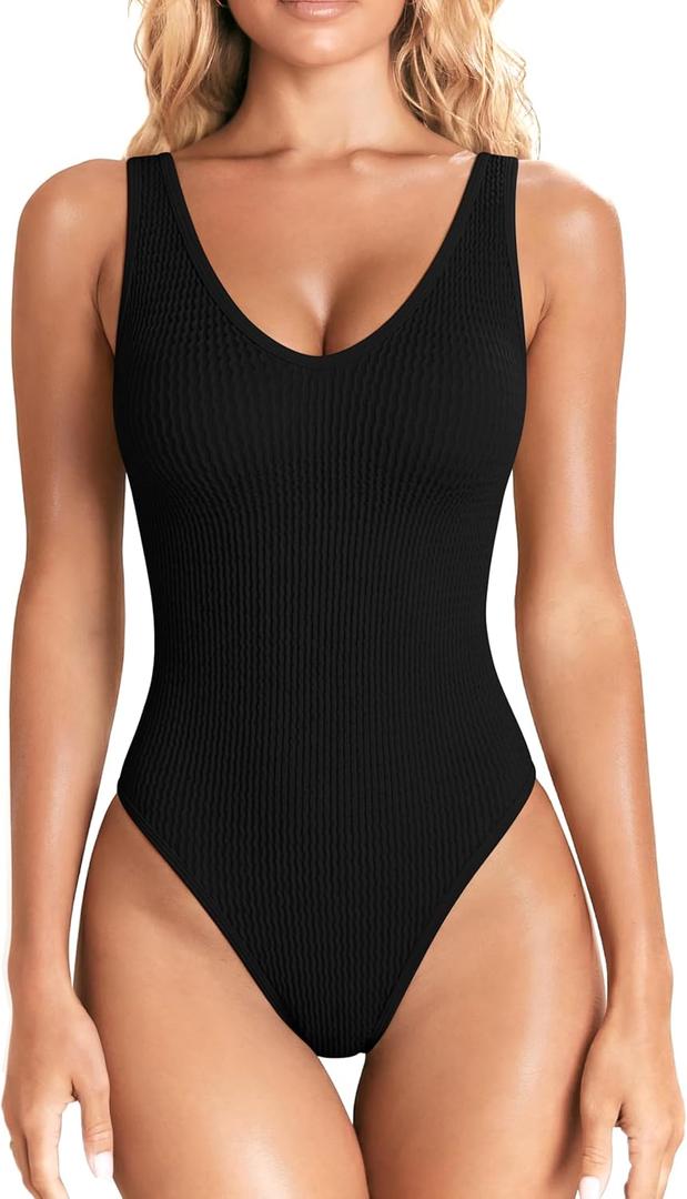 OQQ Womens Tummy Control One Piece Swimsuit  Crinkle Textured Swimwear Full Coverage Slimming Bathing Suit (Medium, Black)