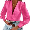 Women's Business Casual Tops Satin Silk Long Sleeve Button Down Shirts V Neck Chiffon Work Blouses (XX-Large, Hot Pink)