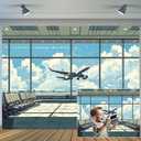 Cartoon Airport Airplane Photography Backdrop, Plane in Departure Area Airport Lounge Terminal Window View Background, Plane Themed Birthday Party Decoration Photoshoot Booth Studio Props 8X6ft