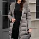 PAPILLON D'OR WEAR YOUR WINGS Women's Long Puffer Coat with Belt, Hood & Furry Lining - Knee-Length Winter Jacket (Gray, L)