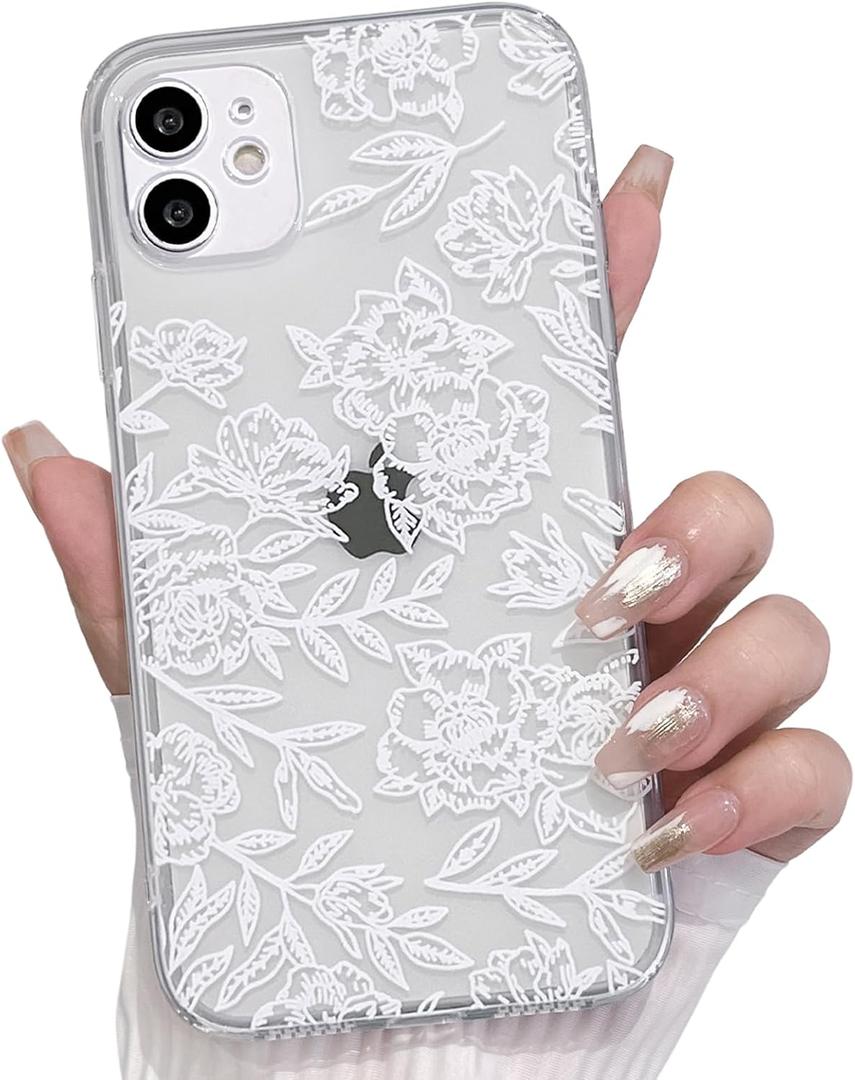 NITITOP Compatible with iPhone 11 Case Clear Cute Line Flower Floral Rose Pattern for Women Girls Full Camera Lens Clear Slim Shockproof Protective Phone Cover - White