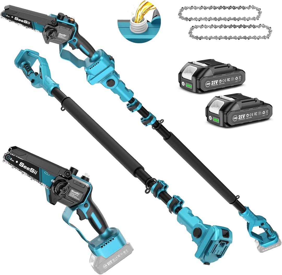 SEESII 2-in-1 Electric Pole Saws for Tree Trimming, 6 Inch Mini Chainsaw Cordless with Extension Pole, Battery Powered Pole Chain Saw, Tree Trimmer Limb Branch Cutter Pruner with 2 Battery PS600 (Blue)