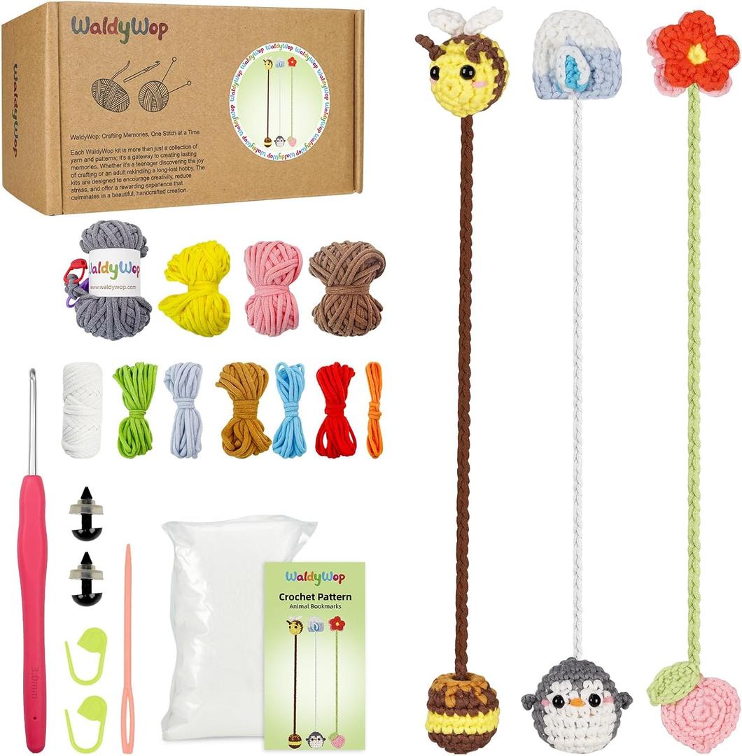 WaldyWop Crochet Kit for Beginners: 3 Animal & Flower Bookmarks Knitting Kits for Girls w/Easy Yarn, Crochet Hook & Easy Video Tutorials - Wobbles Crochet Animal Kit for Kids, Birthday Gifts for Women (yellow,blue,pink)
