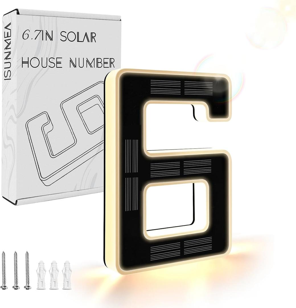 ISUNMEA 6.7 Inch Solar Lighted House Numbers for Outside, Light Up Waterproof LED Address Signs for Houses, Backlit Illuminated Exterior Modern House Numbers Light (6-Black, 6.7IN)
