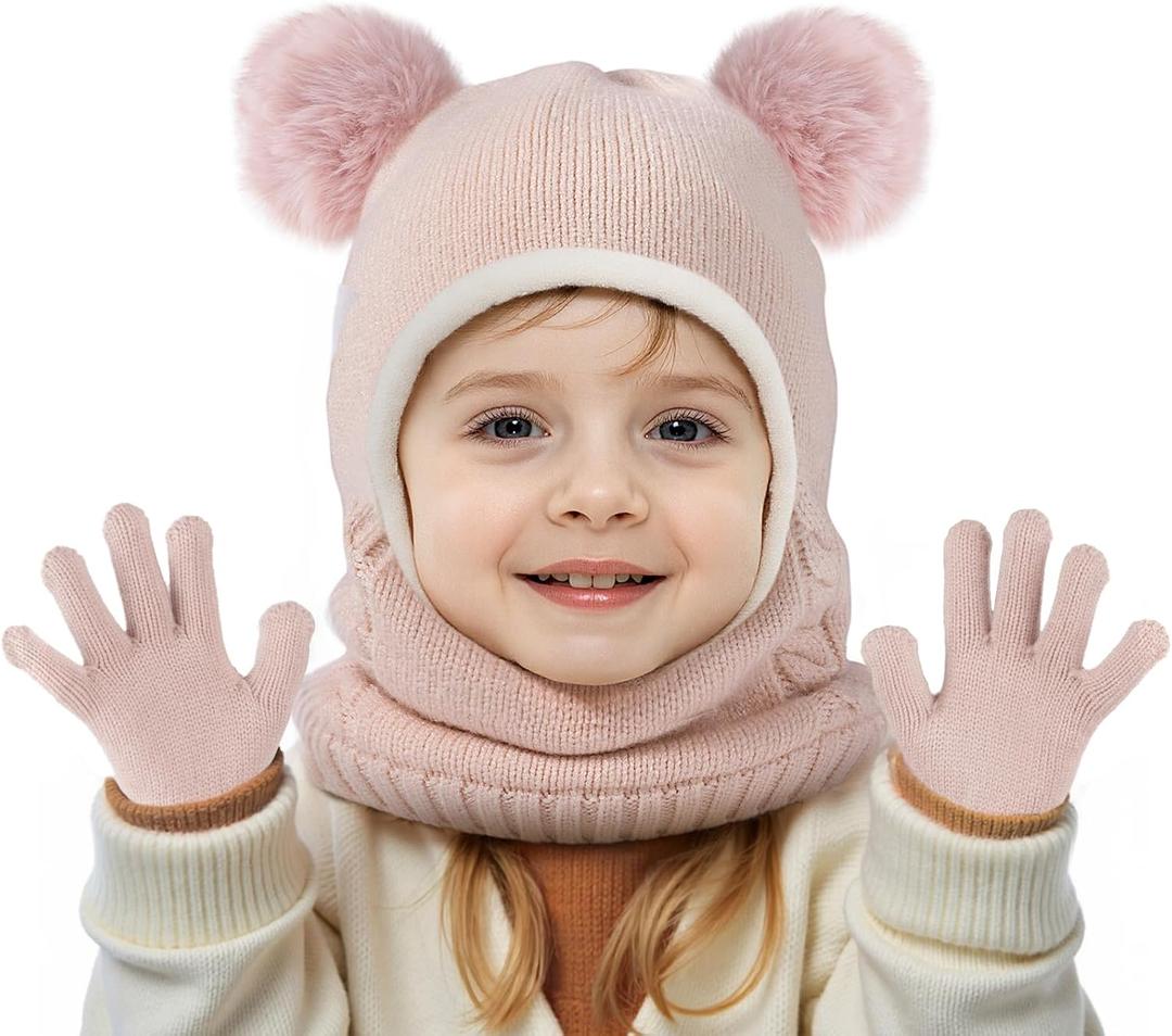 HONGTEYA Toddler Winter Hat Scarf Glove Set, Unisex Baby Kids Velvet Lined Knitted Hat with Neck Warmer for Cold Weather (Pink)