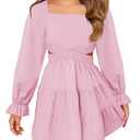 Haloumoning Girls Dresses Long Sleeve Square Neck Crossover Waist Casual A-Line Spring Fall Dress Nude Pink Size 130