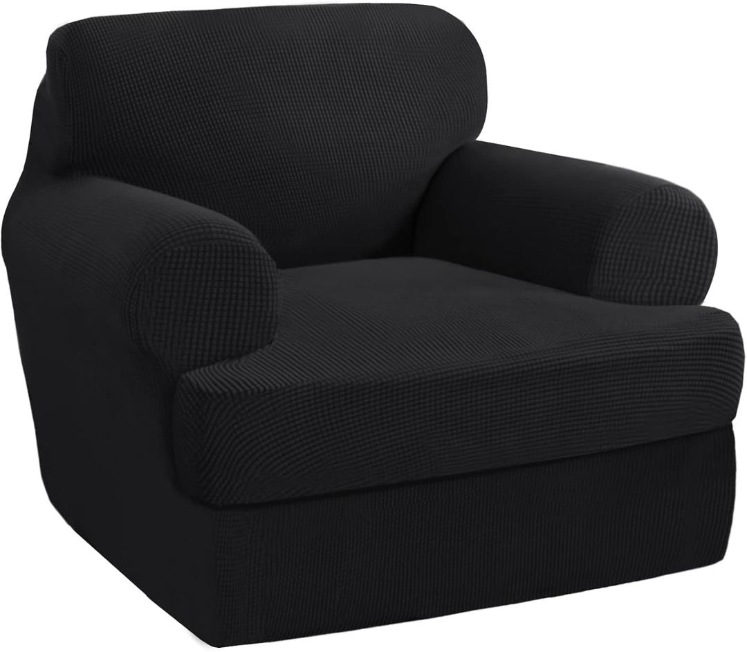 PrinceDeco 2 Pieces Armchair Slipcover Stretch Couch Covers for T Cushion Chair Slipcovers Soft Arm Chiar Cover Furniture Covers with 1 Individual T Shape Seat Covers Width Up to 40"- Black