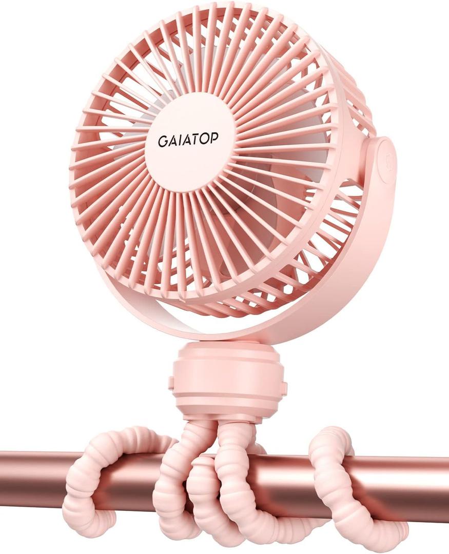 Gaiatop Mini Portable Stroller Fan, Battery Operated Small Clip on Fan, Detachable 3 Speed Rechargeable 360 Rotate Flexible Tripod Handheld Desk Cooling Fan for Car Seat Crib Treadmill Travel Pink