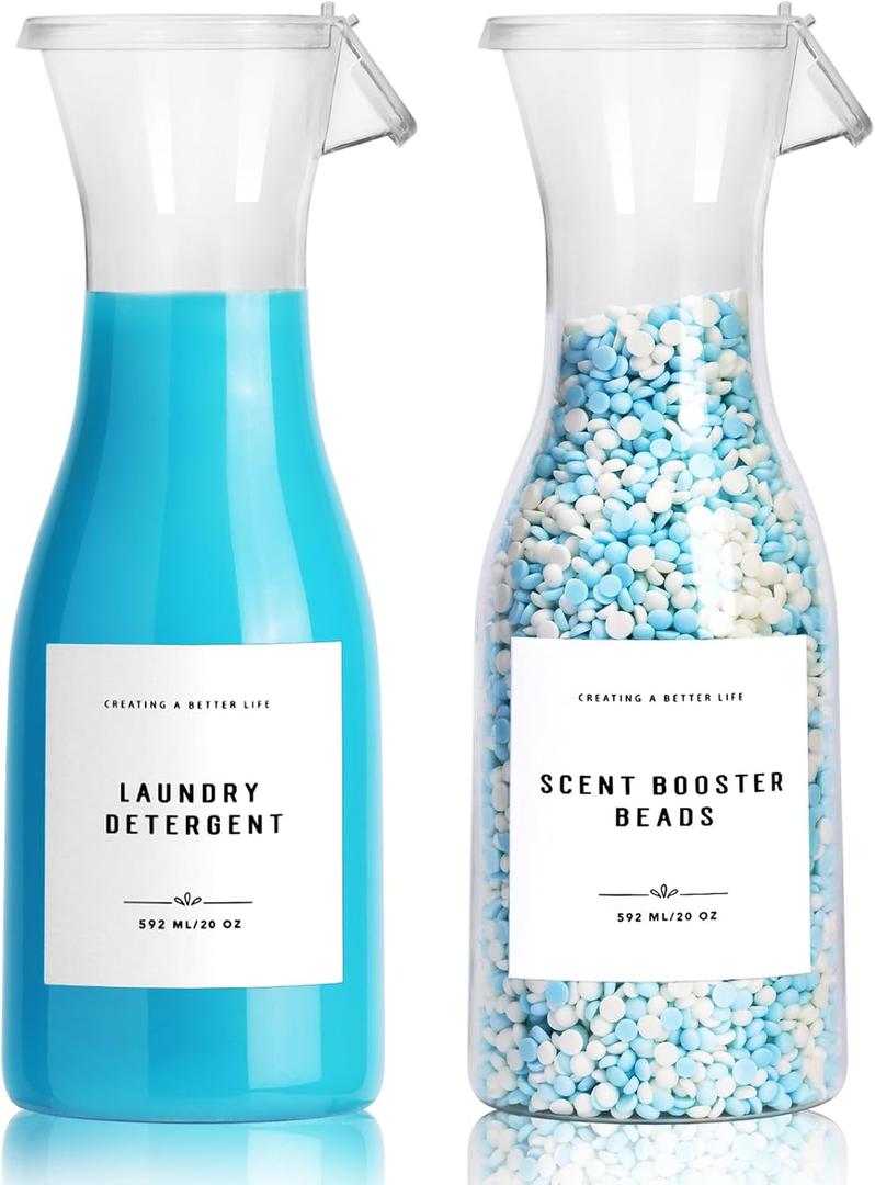 Laundry Detergent Dispenser Bottle 20oz with Waterproof Label for Laundry Detergent Soap Fabric Softener Bleach Scent Booster Beads, Sturdy PET Bottle for Laundry Room Decor 2 Pack White