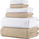 POLYTE 430 GSM Microfiber Quick Dry Lint Free Oversize Bath Towel Set, 6 Piece (Waffle Weave) (White,beige)