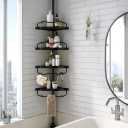 Corner Shower Caddy Tension Pole - Heavy Duty Floor to Ceiling Shower Organizer Tension Pole with 4 Shelves,54"-114 Adjustable Rustproof Stand Rack for Bathtub,Bathroom,Dorm,RV - Black