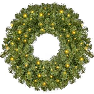 JOYIN 24'' Pre-Lit Christmas Wreath with Warm Lights, Large Lighted Christmas Wreaths for Front Door, Windows, Living Room, Xmas Indoor & Outdoor Holiday Decorations, Battery Operated