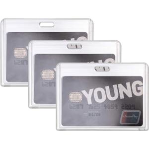 ONLYKXY 3 Pack Office Badge Holder, Horizontal Style, Hard Plastic ID Card Cover, Clear Name Card Holder