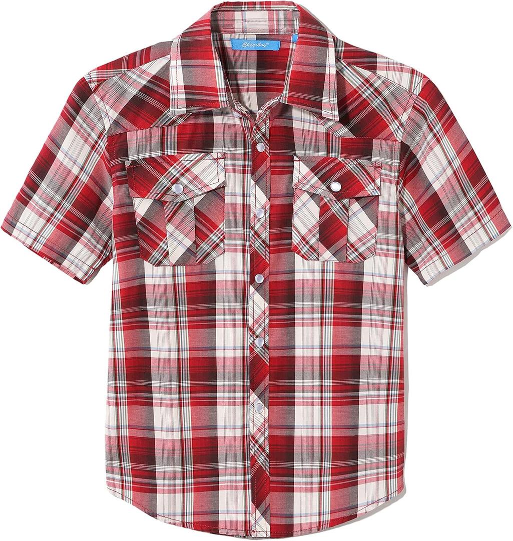 Boy's Toddler Kids Casual Short Sleeve Western Pearl Snap Button Plaid Shirt 4-16 Years