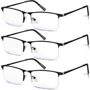 3 Pack Blue Light Blocking Reading Glasses for Men, Stylish Half Frame Metal Computer Readers, Lightweight Spring Hinge Eyeglasses Anti Eyestrain/Glare/UV (Black, 2.5)