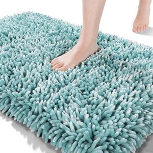 Yimobra Long Chenille Bathroom Rug Mat 44.1 x 24, Soft Comfortable Non-Slip Large Size Bath Mat, Super Absorbent, Machine Washable Quick Dry, Luxury Plush Thick Runer Bath Rug Mat, Greyish Blue