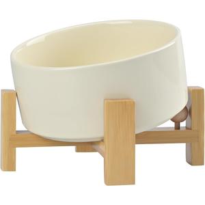 SPUNKYJUNKY 15 Slanted Ceramic Dog and Cat Bowl with Wooden Stand, Tilted Bulldog Food and Water Bowl No Slip Non-Spill for Cats Medium Dogs Big Face Pets 28.7 OZ (3.6 Cups, Beige)