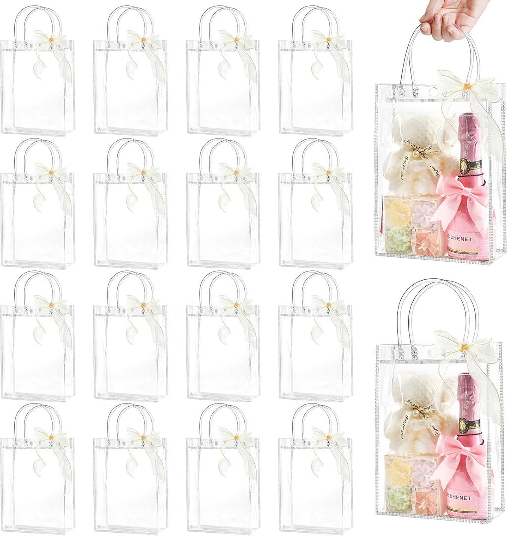 Ohuimrt 24 PCS Clear Plastic Gift Bags with Handles, 9.1 x 6.7 x 2.8 Inches Reusable Party Favor Bags with Ribbon Transparent Gift Wrap Bags Bulk for Weddings Birthdays