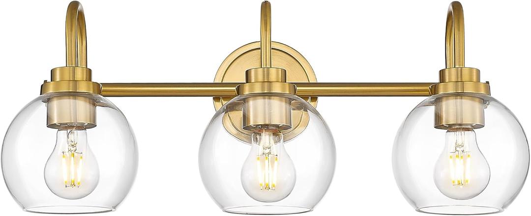Bathroom Light Fixtures, 3-Light Brushed Gold Vanity Lights with Globe Clear Glass, Champagne Bronze Vanity Lighting Fixtures Over Mirror, AD-22280-3W-GD