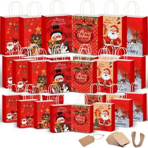 TIANDAOZUMU 30 PCS Bags with Handles, 6 Styles Kraft Paper Bags for Gifts with Christmas Prints (6 Large, 12 Medium, 12 Small)
