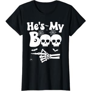 He's My Boo Skeleton Couples Matching Couple Halloween T-Shirt (Large, Black)