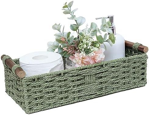 Round Paper Rope Storage Basket Wicker Baskets for Organizing with Handle Decorative Storage Bins for Countertop Toilet Paper Basket for Toilet Tank Top Small Baskets , Green