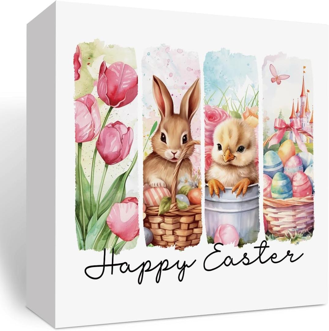 Easter Bunny Decor, Easter Floral Spring Decor, Pink Happy Easter Decor, Easter Eggs Decor, Easter Coquette Girls Gift, Wooden Box Decor for Rustic Home Bedroom Living Room Table Shelf Office