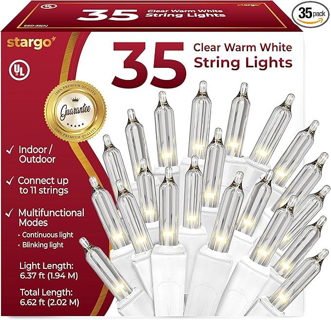 Clear Warm White Christmas Tree Lights - 6.3 ft String of 35 Incandescent Mini Bulbs Multifunctional Lighting Modes, for Decorative, Bedroom, Outdoor, Xmas Twinkle Lights with White Wire Total 6.6 ft