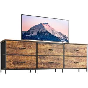 Huuger 63 Inch Long Dresser for Bedroom, Wide TV Stand for 55, 65, 70 Inch TV, 6 Drawer Dresser for Closet with Fabric Drawers, Storage Organizer for Bedroom, Entryway, Rustic Brown