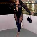 Womens Sexy Off Shoulder Leopard Mesh Jumpsuit Rhinestone Cutout One Piece Lace Bodysuit Nightclub Party Outfits (Black, M)