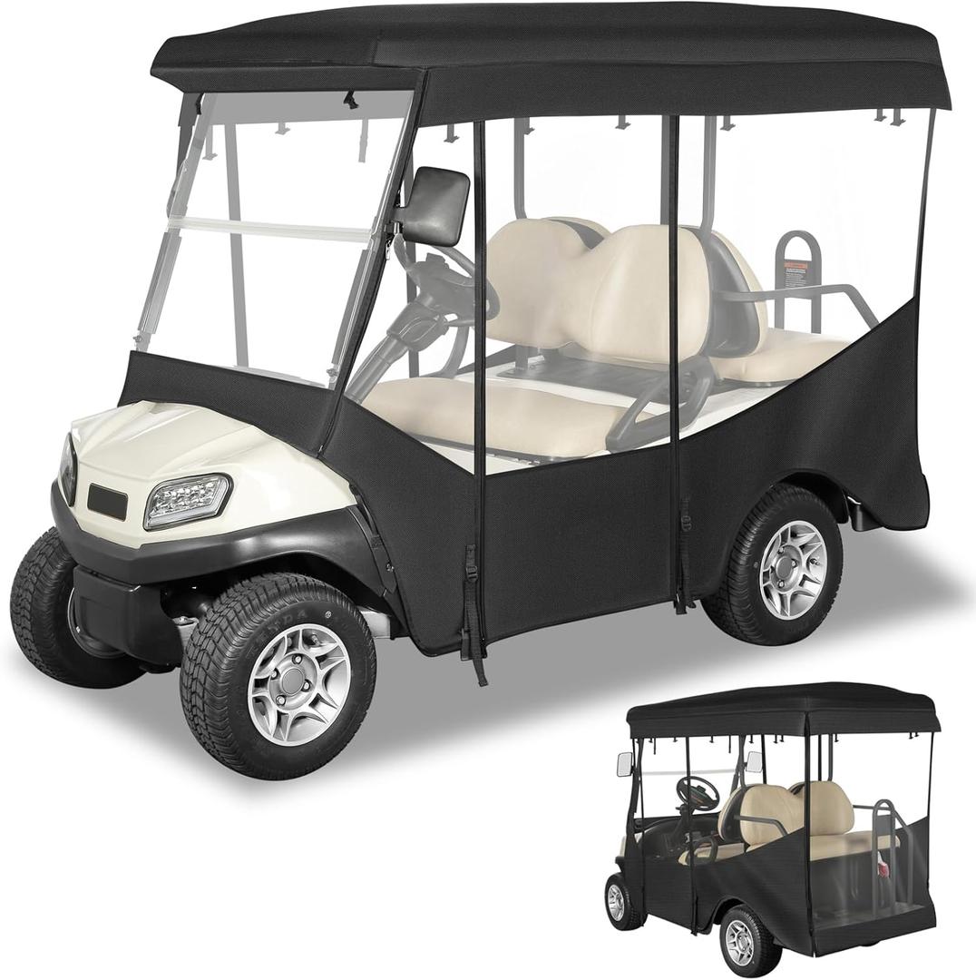 Golf Cart Enclosure 4 Passenger Extended Roof 88 inch for Club Car Tempo Onward,600D Clear Rain Cover Driving Enclosures,Full Roll Up 4 Sided Transparent Windows&Door Side Mirrors Openings