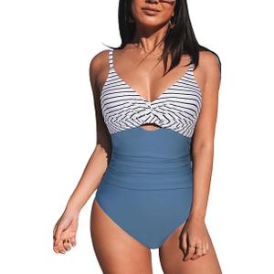 CUPSHE Women's One Piece Swimsuit V Neck Bathing Suit Twist Ruched Front Keyhole Back Cutout Back Hook (Medium)
