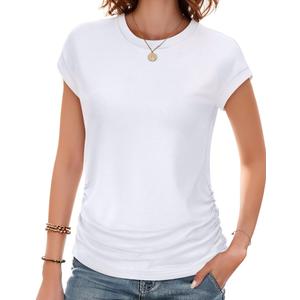 Trendy Womens Summer Tops 2025- Chic Ruched Short-Sleeve Crewneck T Shirts Fashionable Casual Wear(White,L) (White, L)