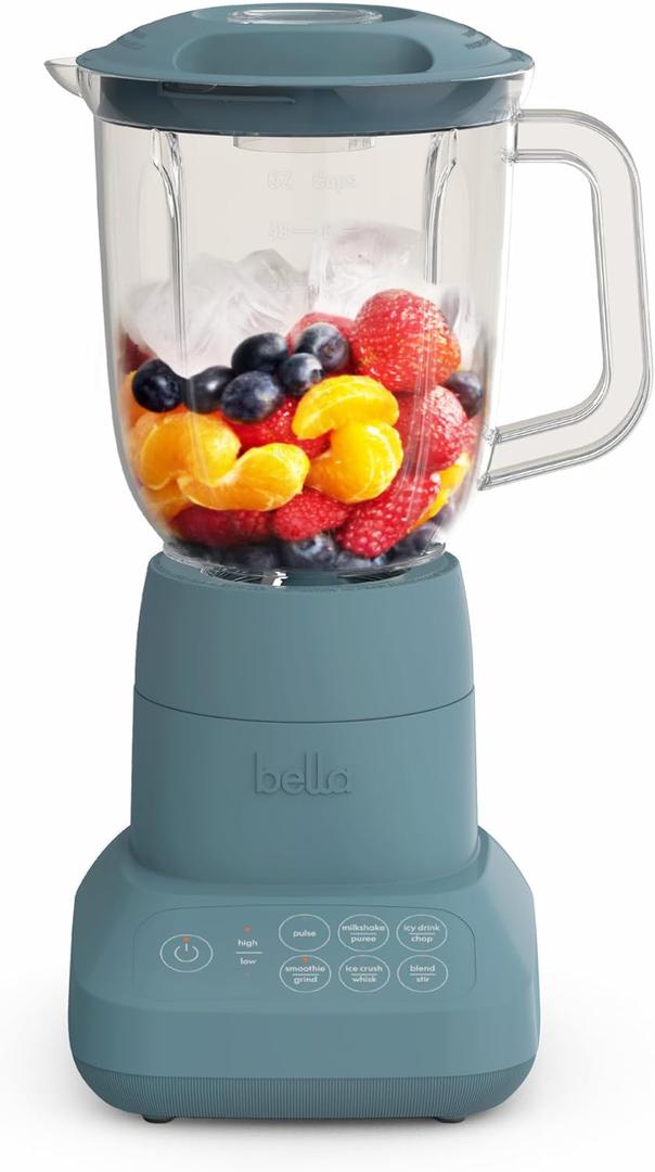 bella 10 Speed Countertop Blender, Juicer & Smoothie Maker, Fits-anywhere Kitchenware, Slim Flip & Store Design, Dishwasher Safe 48oz Capacity Pitcher & Lid, Stainless Steel Blade, 450 Watt, Surf