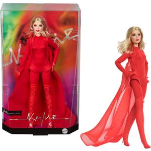 Barbie Signature Doll, Kylie Minogue Posable Collectible in Padam Padam Music Video Outfit with Red Bodysuit, Chiffon Cape and Lace-Up Boots