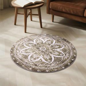 Carvapet 2ft Small Round Rugs - Vintage Washable 24 inch/61 cm Non-Slip Circle Rug with Rubber Backing Foldable Low Pile Design for Entryway Living Room Bedroom, Brown Rug