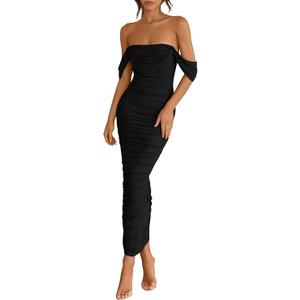 Womens 2025 Summer Off The Shoulder Dress Ruched Bodycon Sleeveless Split Cocktail Party Maxi Dresses
S