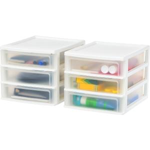 IRIS USA Medium 3-Drawer Desktop Organizer with Open Tray Top, 2 Pack, Plastic Drawer Storage Container for Stationery Art Craft Supplies, White