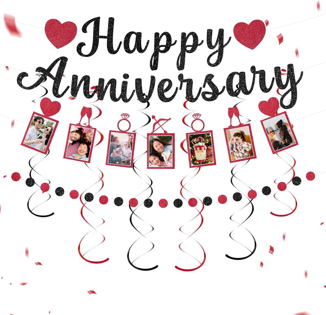 Happy Anniversary Party Decoration Set – Black Glitter Banner, Photo Banner, Black & Red Confetti Garland, 6 Hanging Swirl